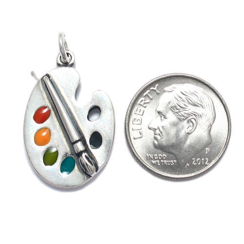 Brush and Palette Charm with Enamel Color Paints. Sterling Silver