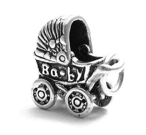 Baby Stroller Charm in 3D. Sterling Silver