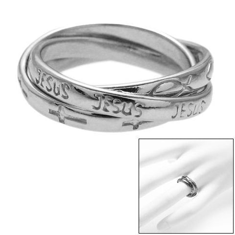 Interlocking Christian Theme Triple Ring, "Jesus," Crosses, Fish.  Wholesale sterling silver rings. Main photo.