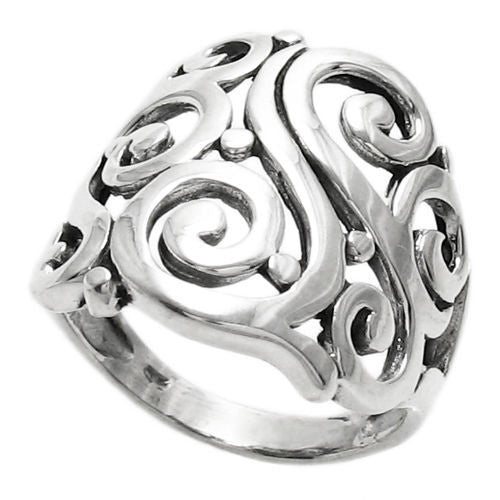 Flowing curved lines in native tribal art motif ring. Wholesale Sterling Silver Rings. Alternate view.
