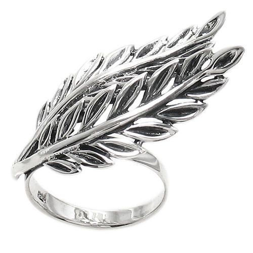 Modern laurel leaves symbolizing victory. Wholesale Sterling Silver Rings. Diagonal view.