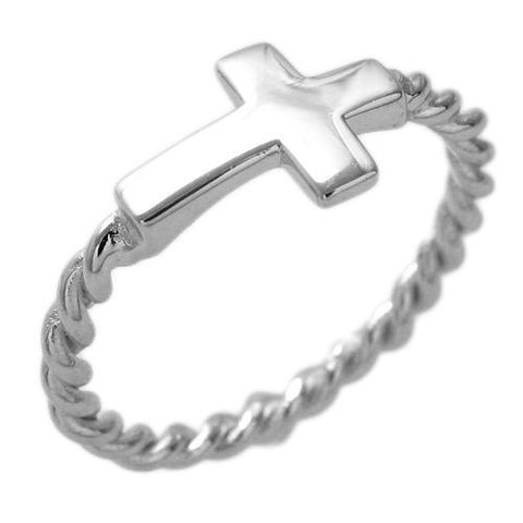 Graphic Clean Angled Cross on Twisted Rope Band. Wholesale Sterling Silver Rings. Main photo.