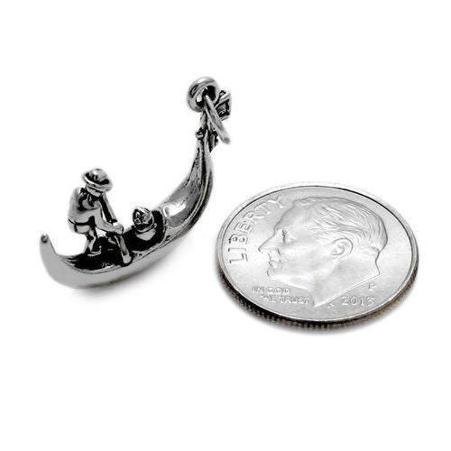 Venetian Gondola with Gondolier Charm in 3D. Sterling Silver