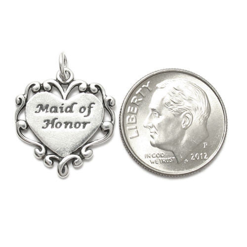 "Maid of Honor" in Fancy Heart Charm. Sterling Silver