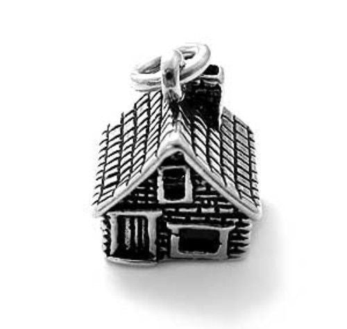 Wilderness Log Cabin Charm in 3D. Sterling Silver