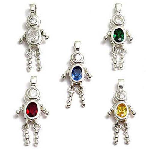 Boy Birthstone Charm with Oval CZ in Sterling Silver. 