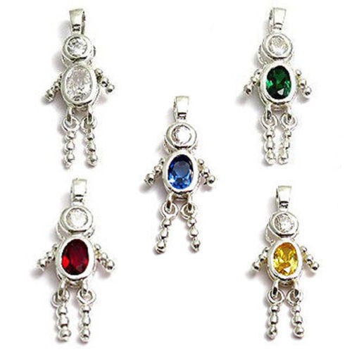 Boy Birthstone Charm with Oval CZ in Sterling Silver.