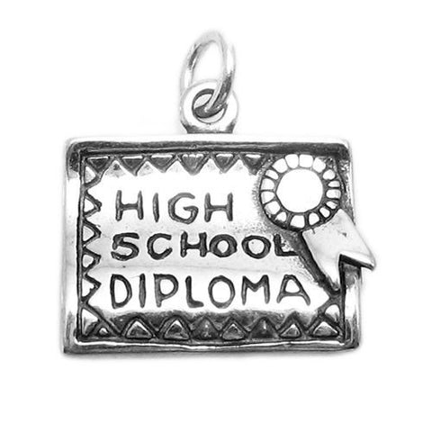 "High School Diploma" Charm in 3D. Sterling Silver