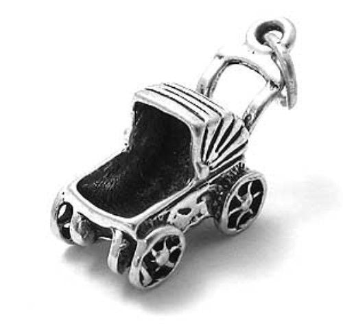 Baby Buggy Charm in 3D. Sterling Silver