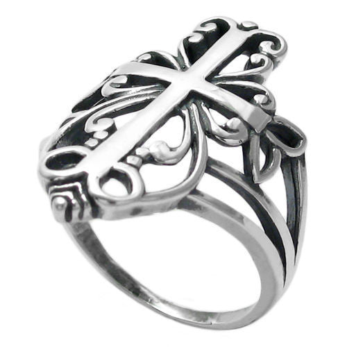 Beautiful and ornate cross ring with scroll art embellishments. Wholesale Sterling Silver Rings.