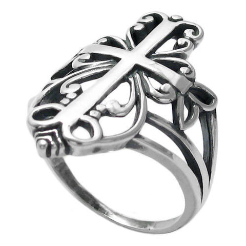Beautiful and ornate cross ring with scroll art embellishments. Wholesale Sterling Silver Rings.