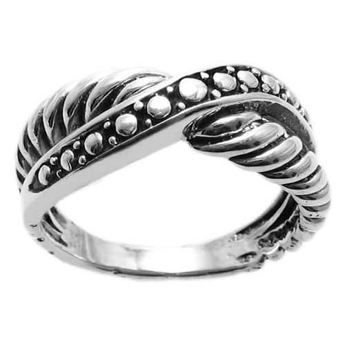 Crossover ring with two distinct bands, one beaded, one shrimp. Wholesale Sterling Silver Rings. Up view.
