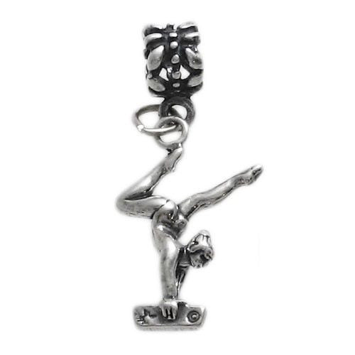 Gymnast on Balance Beam Charm with Euro Bead. Sterling Silver
