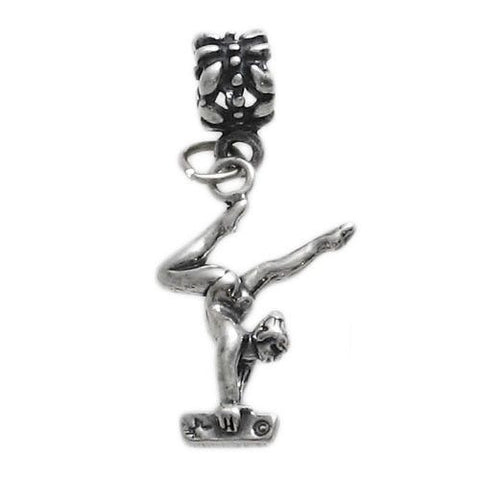 Gymnast on Balance Beam Charm with Euro Bead. Sterling Silver