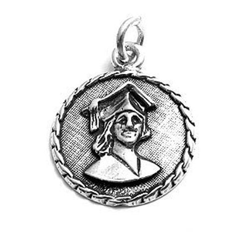 Girl in Graduation Cap on Disc Charm. Sterling Silver