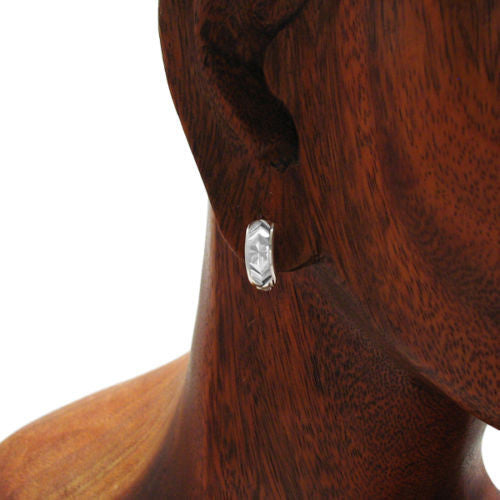 Sand sparkle huggie earrings with diamond cut star & chevrons | Wholesale 925 Sterling Silver Jewelry | Alternate photo