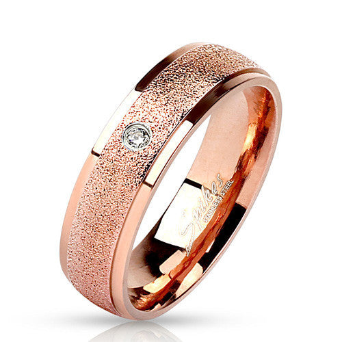 Rose gold plated sand finished band with CZ solitaire | Wholesale stainless steel rings - Jewelry | Small photo