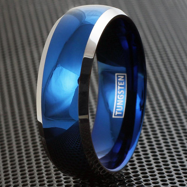 Royal blue tungsten carbide ring w/ silver Edges | Discount Tungsten Rings - Wedding Bands | Black grill photo.