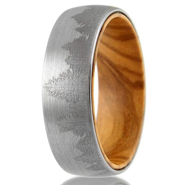 Brushed Finish tungsten carbide band ring w/ etched forest scene & olive wood inner band | White upright photo