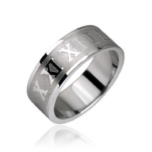 Mirror polished stainless steel ring with satin finish center band and polished roman numerals | Wholesale Jewelry