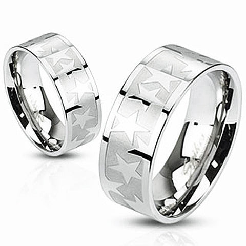 Satin finish band with shiny mirror polished stars | Wholesale stainless steel rings - Jewelry