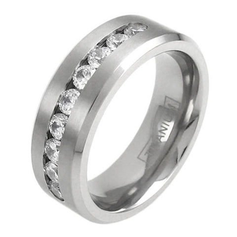 Satin finish titanium ring with nine channel set CZs & beveled edges | Wholesale Titanium Jewelry | Main photo