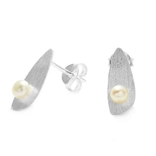 Satin Oblong Triangle & Pearl Post Stud Earrings | Wholesale Sterling Silver Jewelry | Main