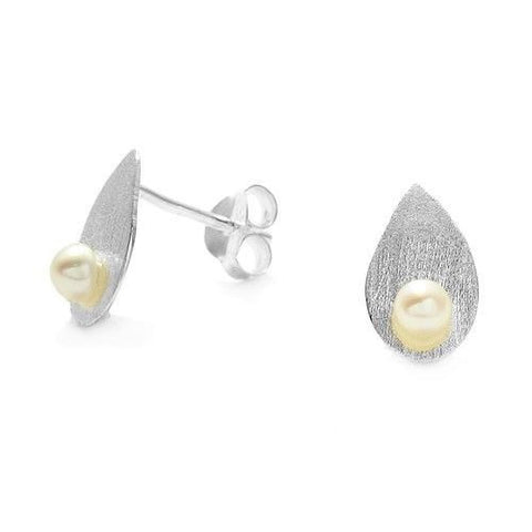 Classy Satin Tear Drop & Pearl Post Stud Earrings | Wholesale Sterling Silver Jewelry | Main