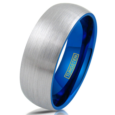 Brushed Finish Silver Low Dome Tungsten Carbide Ring w/ Sapphire Blue Inner Band | White photo