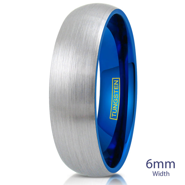 Brushed Finish Silver Low Dome Tungsten Carbide Ring w/ Sapphire Blue Inner Band | 6mm White photo