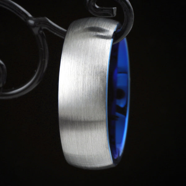 Brushed Finish Silver Low Dome Tungsten Carbide Ring w/ Sapphire Blue Inner Band | Hook photo 1