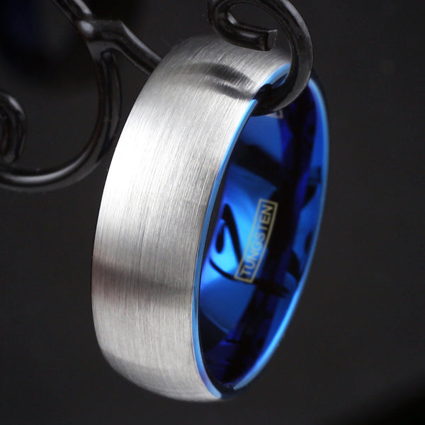 Brushed Finish Silver Low Dome Tungsten Carbide Ring w/ Sapphire Blue Inner Band | Hook photo 2