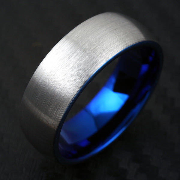 Brushed Finish Silver Low Dome Tungsten Carbide Ring w/ Sapphire Blue Inner Band | Black photo