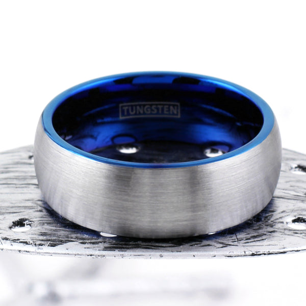 Brushed Finish Silver Low Dome Tungsten Carbide Ring w/ Sapphire Blue Inner Band | Flat photo