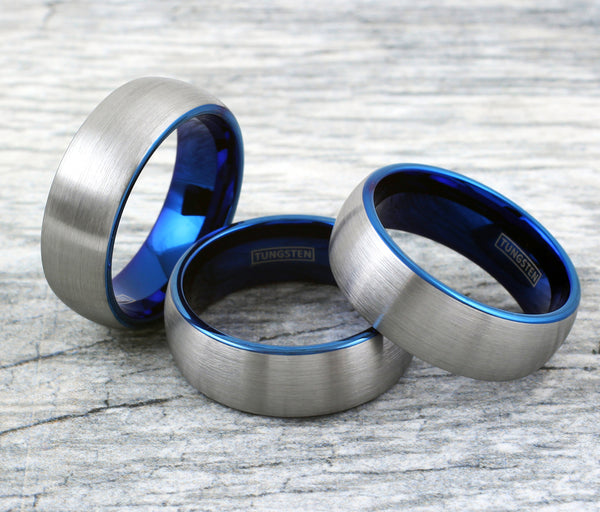 Brushed Finish Silver Low Dome Tungsten Carbide Ring w/ Sapphire Blue Inner Band | Group photo