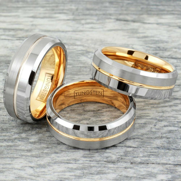 Silver tungsten ring half brushed half polished band - rose gold stripe & inner band - Wholesale tungsten rings - wedding bands | Group photo