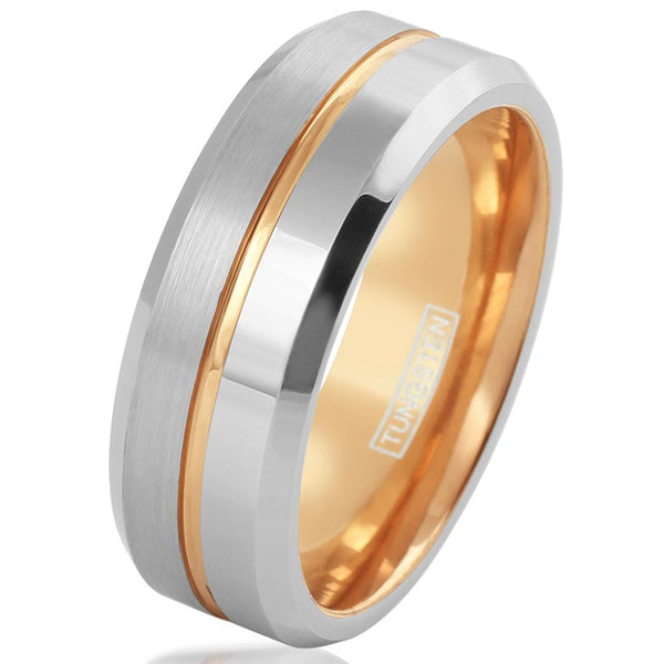 Silver tungsten ring half brushed half polished band - rose gold stripe & inner band - Wholesale tungsten rings - wedding bands | White photo