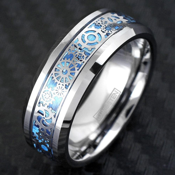 Silver tungsten band ring | Clockwork gears | Sky blue carbon fiber | Wholesale Tungsten Rings - Wedding Bands | black photo