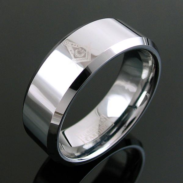 Mirror finished silver tungsten ring w/ Masonic symbol | Chamfered edges | Wholesale tungsten rings - Wedding bands | Black Mat