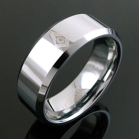 Mirror finished silver tungsten ring w/ Masonic symbol | Chamfered edges | Wholesale tungsten rings - Wedding bands | Black Mat