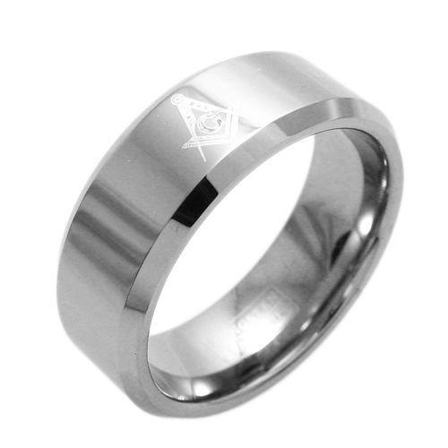 Silver tungsten ring in mirror finish with Masonic symbol | Chamfered edges | Wholesale tungsten rings - Wedding bands