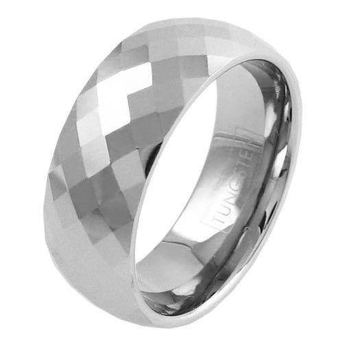 Silver tungsten ring in multi-faceted mirror polish finish | Wholesale tungsten rings - Wedding bands | Main photo