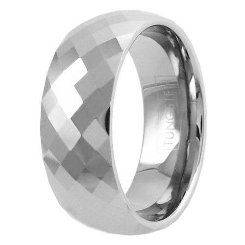 Silver tungsten ring in multi-faceted mirror polish finish | Wholesale tungsten rings - Wedding bands | Upright photo