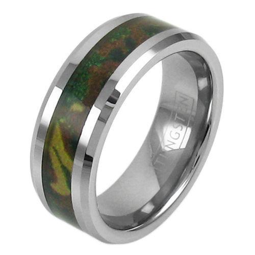 Silver tungsten ring | Chamfered Edges | Vivid forest camo inlay. Wholesale tungsten rings | Wedding bands. Diagonal photo.