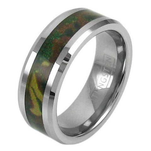 Silver tungsten ring | Chamfered Edges | Vivid forest camo inlay. Wholesale tungsten rings | Wedding bands. Diagonal photo.