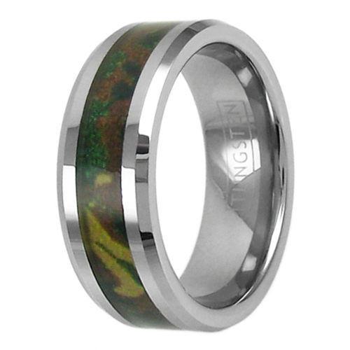 Silver tungsten ring | Chamfered Edges | Vivid forest camo inlay. Wholesale tungsten rings | Wedding bands. Upright photo.