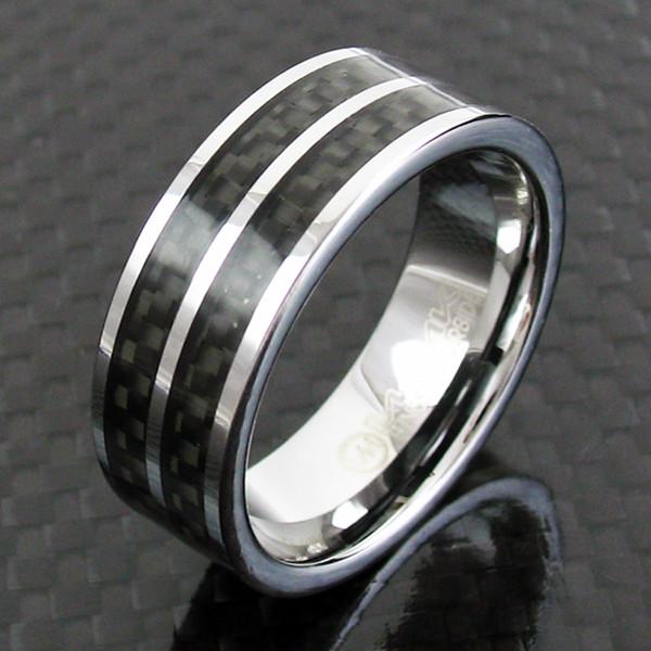 Silver tungsten ring with dual black carbon fiber inlays | Wholesale tungsten rings - Wedding bands | Black background
