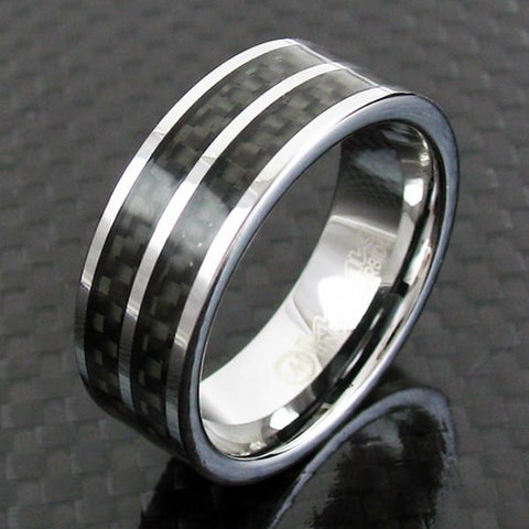 Silver tungsten ring with dual black carbon fiber inlays | Wholesale tungsten rings - Wedding bands | Black background