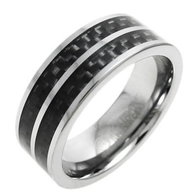 Silver tungsten ring with dual wide black carbon fiber inlays | Wholesale tungsten rings - Wedding bands