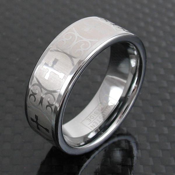 Silver tungsten band | Satin Finish | Laser engraved crosses | Wholesale tungsten rings | Wedding bands | Black mat photo.